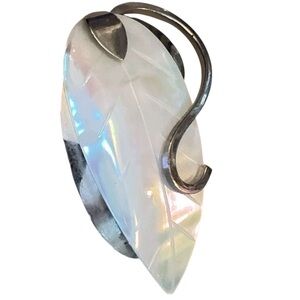 Vintage 2.5" Large Western Germany Mother-of-Pearl Leaf Brooch, Silver Tone
